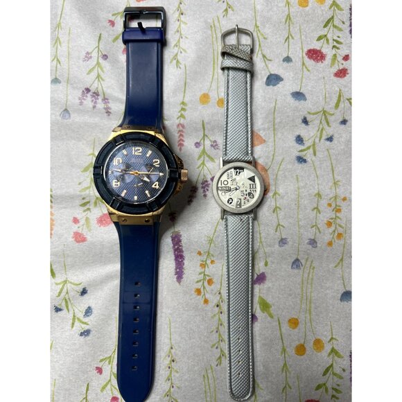 Guess Mens Gold-Tone Blue Silicone Watch & Timex Womens Silver Mesh Watch Bundle - Picture 1 of 3